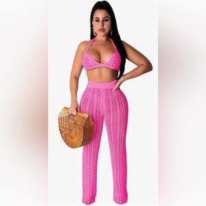 2 Piece Outfit Hollow Out Knitted See Through Halter Bandeau Top Long Pant Bikin